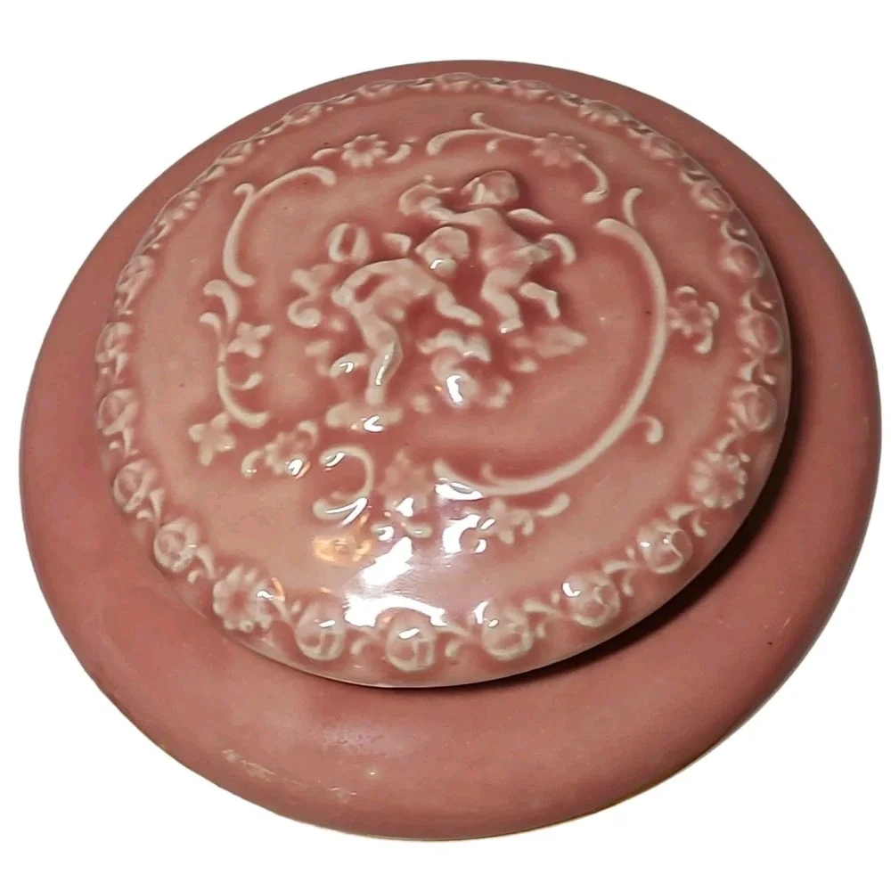 Vintage‎ Handmade Ceramic Powder Trinket Box Pink Angels Round 6.5 Inches SEE