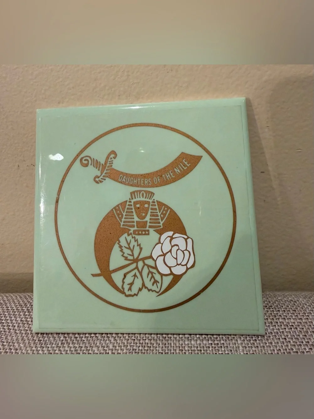Vintage Daughters of the Nile Masonic Ceramic Trivet Tile Green USA