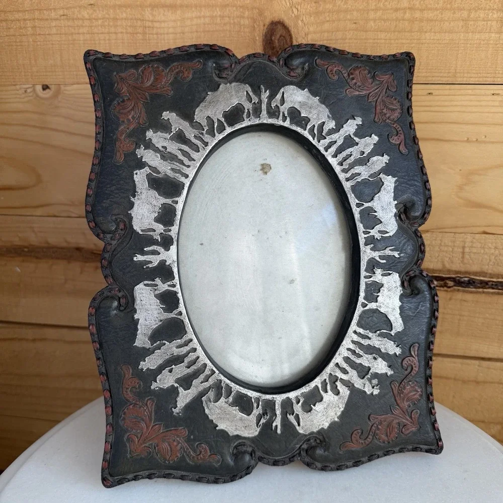 VTG Western Cowboy Picture Frame Rodeo Rustic Ranch Oval‎ Photo