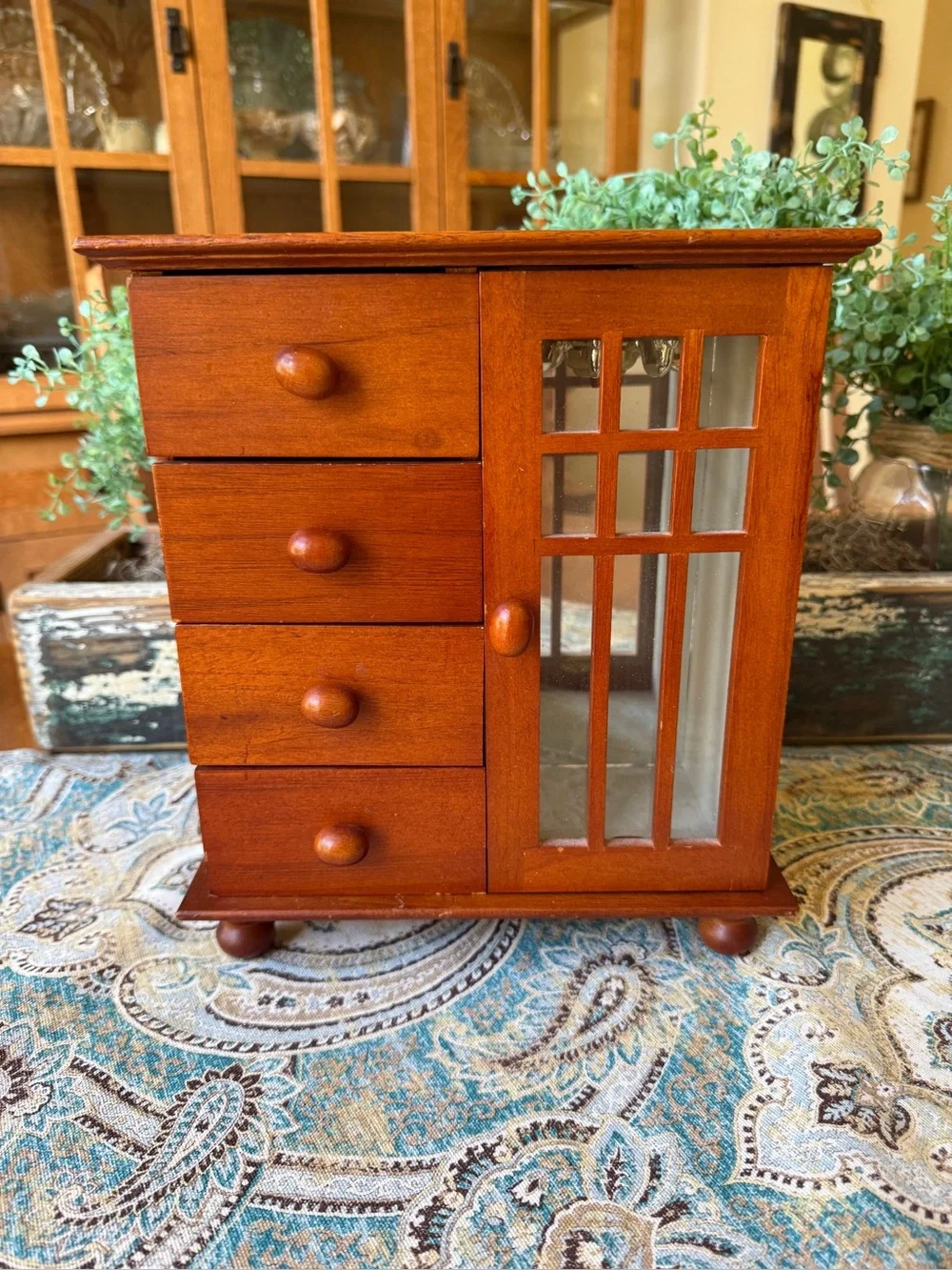 Wooden Tabletop Jewelry Box Armoire Cabinet 4 Drawer Mirrored Necklace Organizer