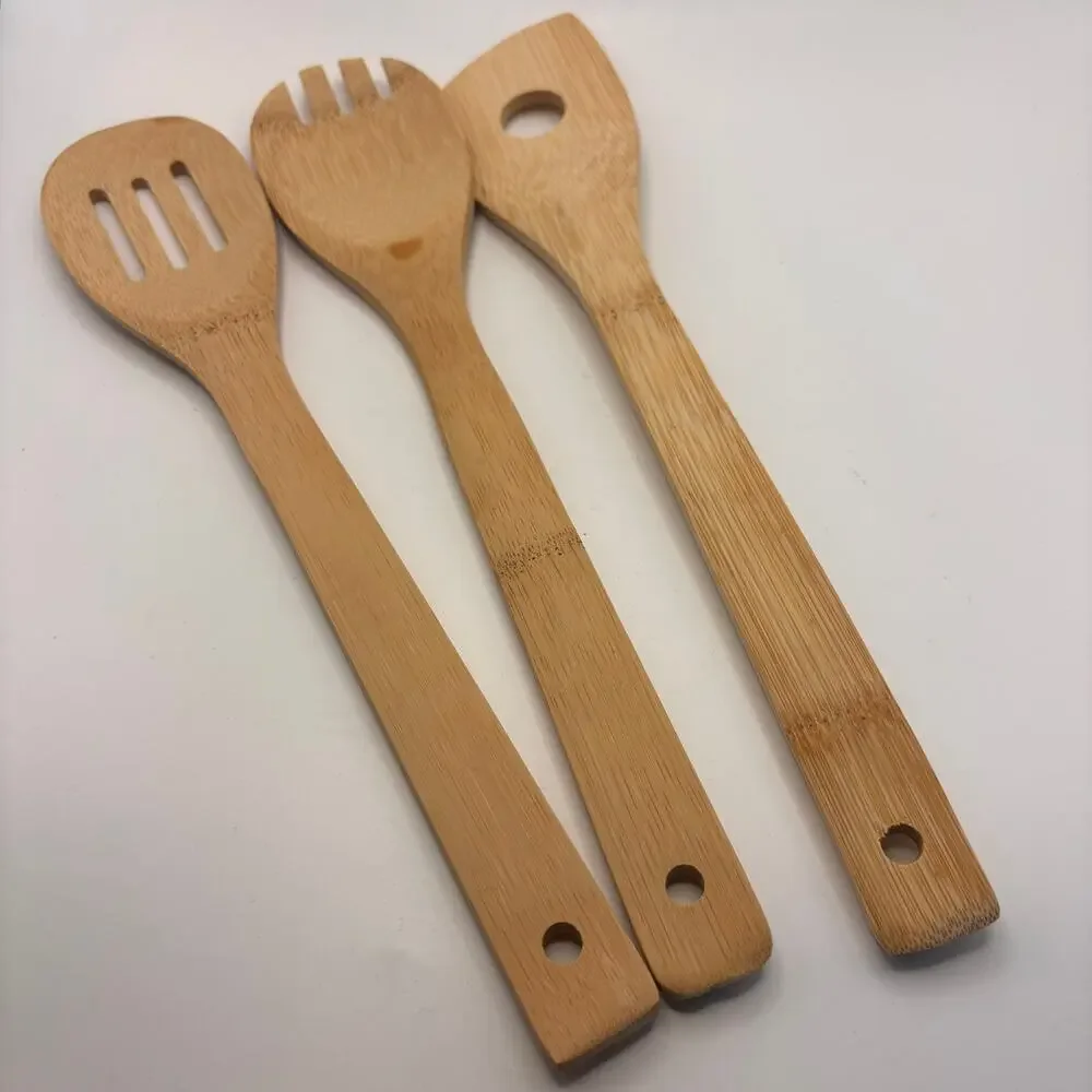 Wooden Cooking Utensil Set 3 Pc Spoon Spatula Slotted Eco Friendly Tool
