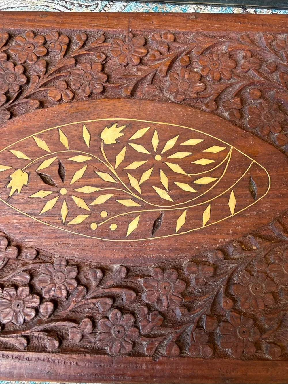 Carved Wood Jewelry Box Floral Inlay Large Keepsake Chest Vintage