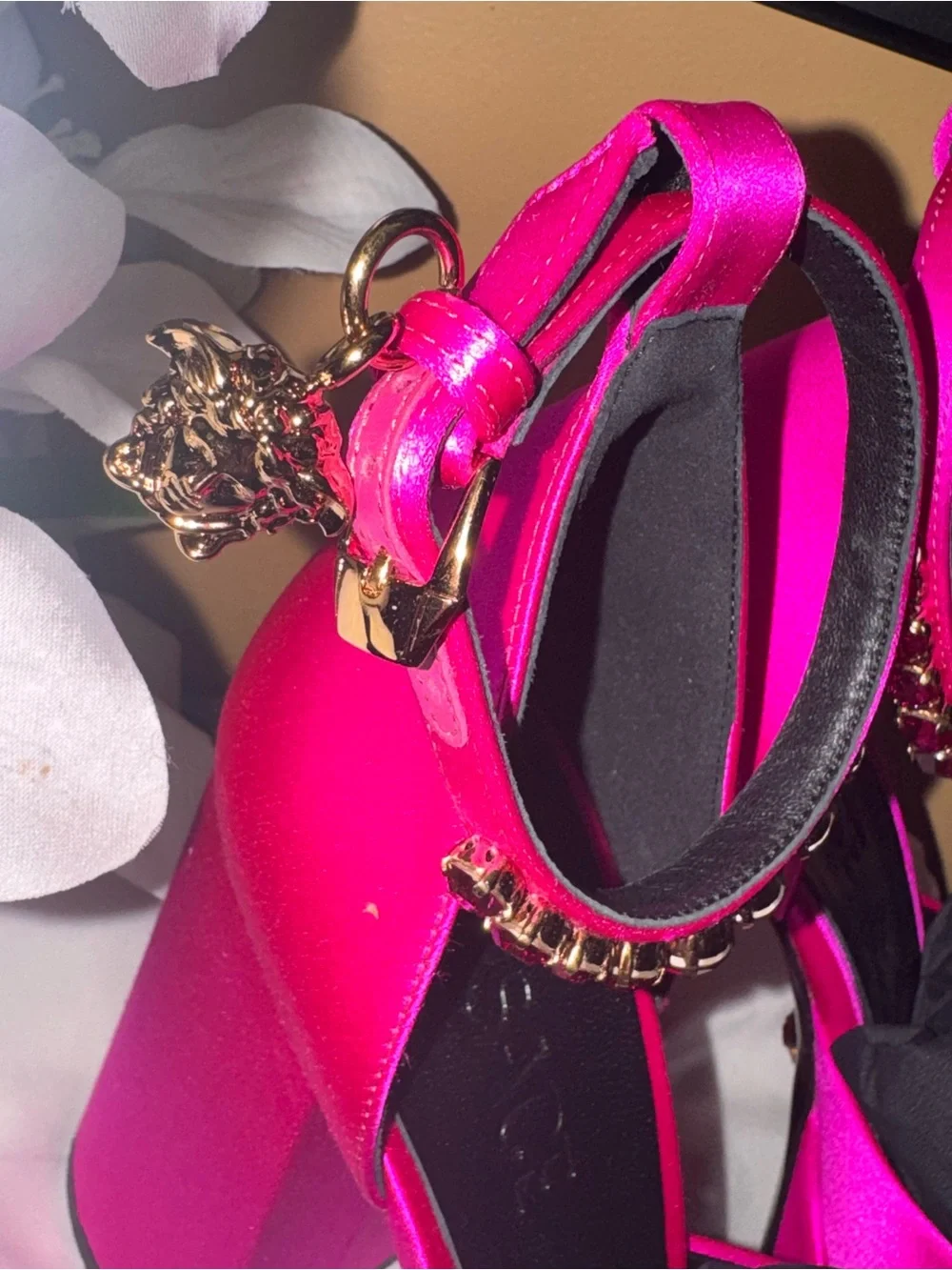 Versace Hot Pink Platform Mary Jane Heels with Gold Chain Ankle Strap
