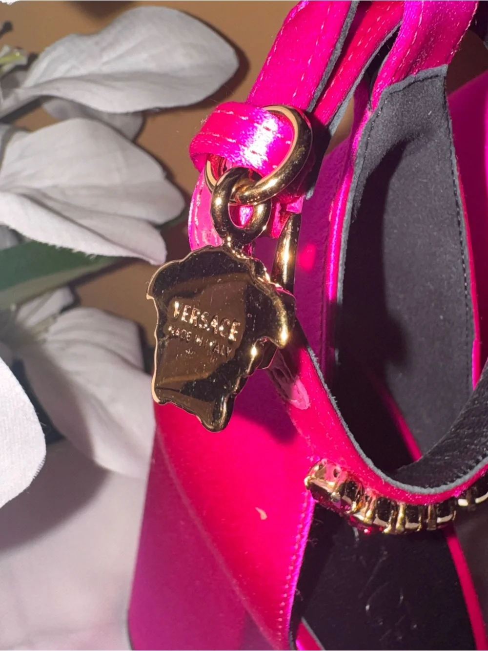 Versace Hot Pink Platform Mary Jane Heels with Gold Chain Ankle Strap