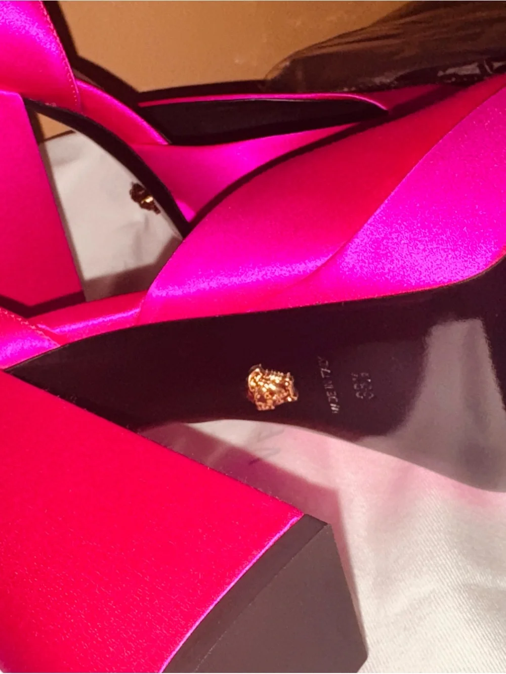 Versace Hot Pink Platform Mary Jane Heels with Gold Chain Ankle Strap