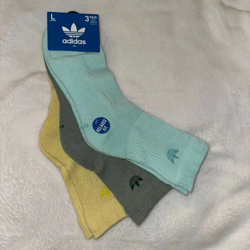 Adidas Unisex High Quarter Relaxed Fit Socks 3 Pairs Yellow Teal Olive Green NWT