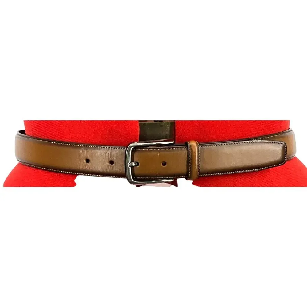 Roundtree & Yorke Brown Leather Belt Brushed Nickel Buckle Men 33.5”-37.5”