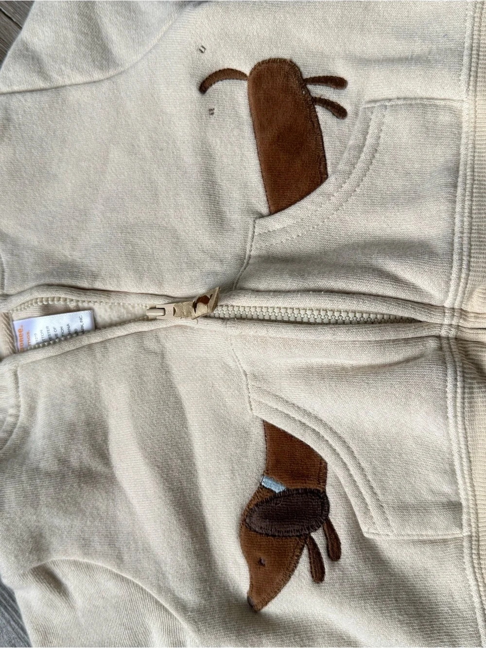 VTG GYMBOREE 3-6 Mo Full Zip Dog Hoodie Embroidered Tan Cream Brown Blue Baby