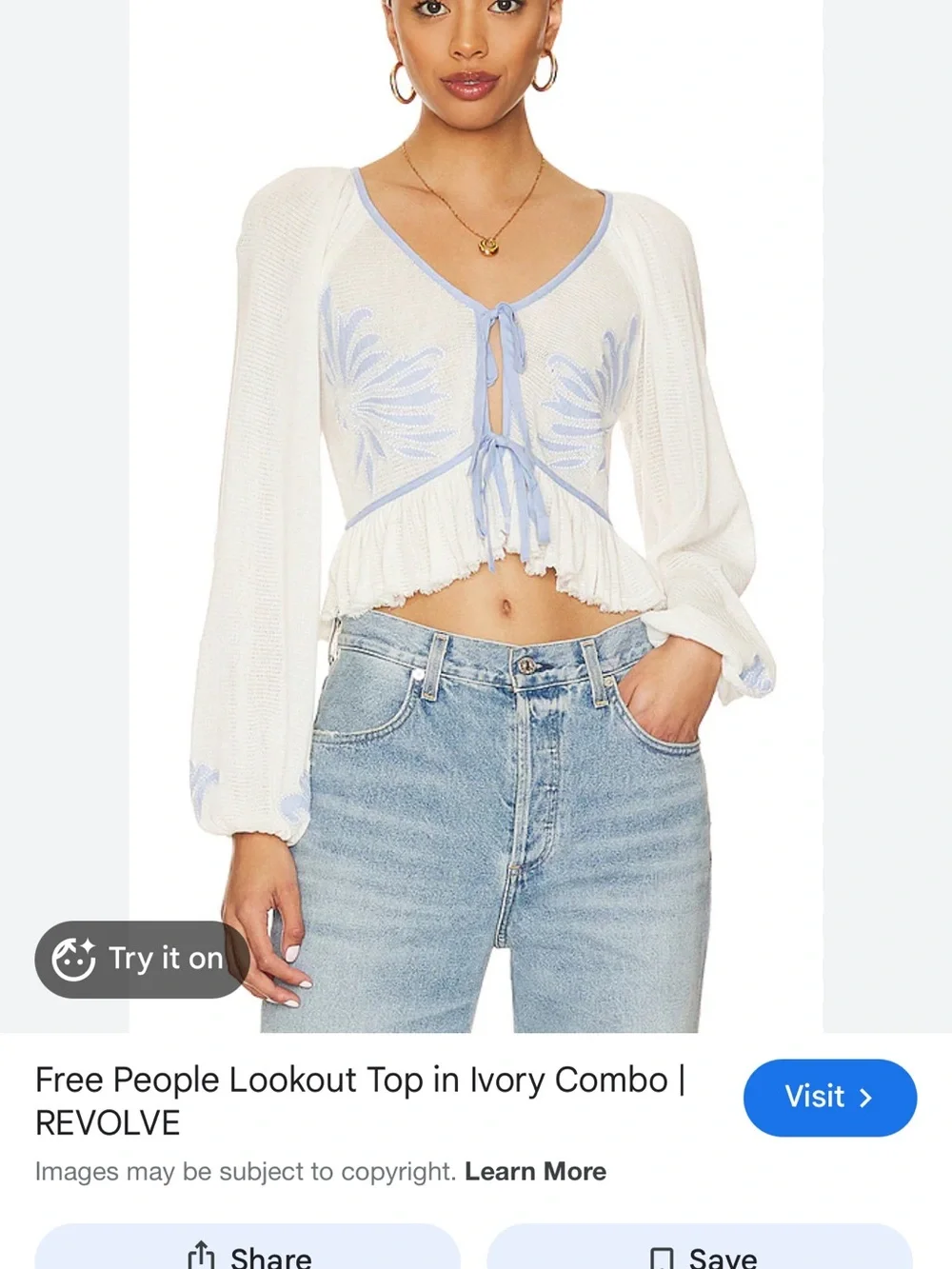 Free People Ivory and Light Blue Tie-Front Peasant Top