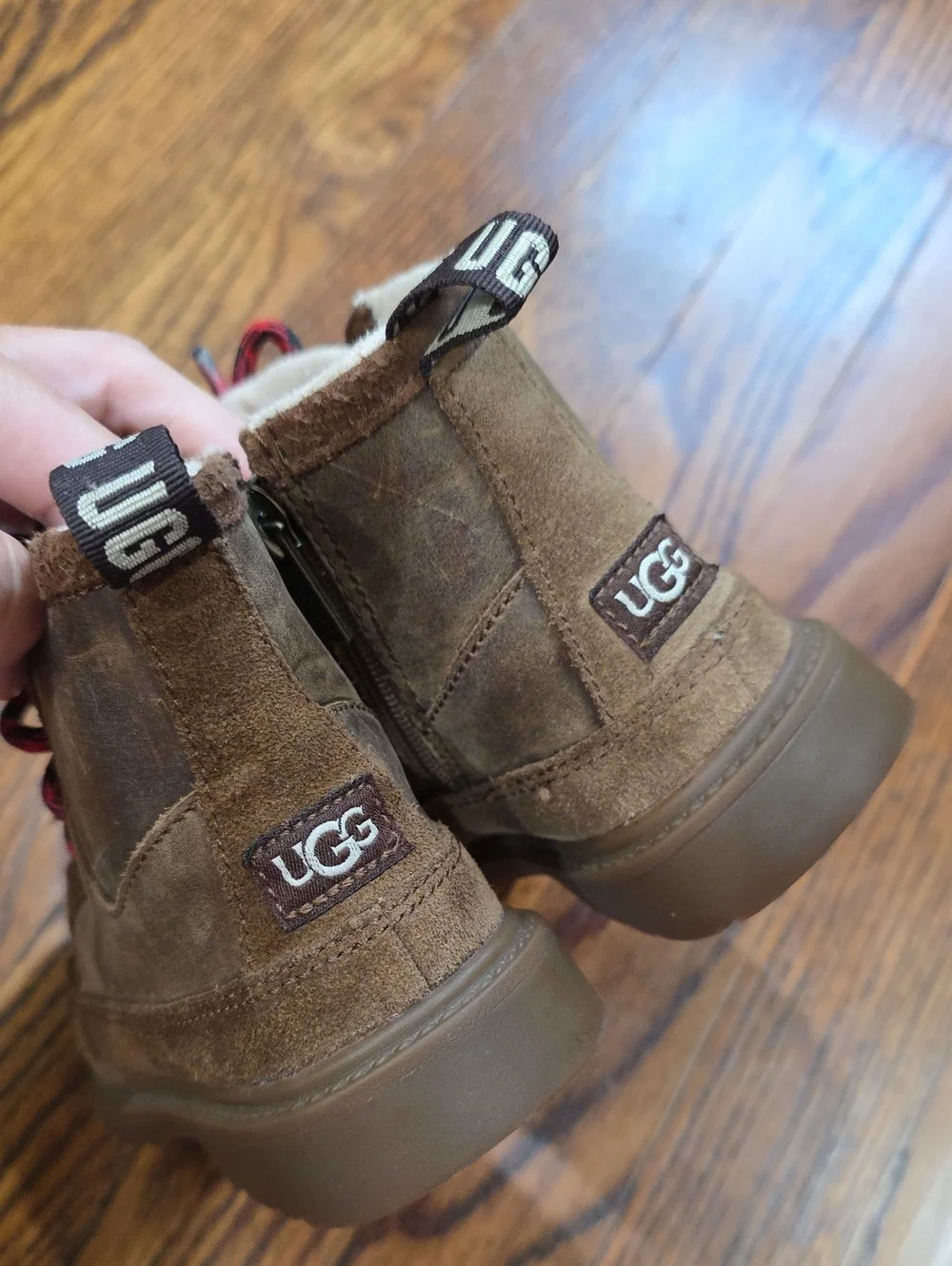 UGG Size 9 Kids Brown Suede Boots with Red and Black Laces