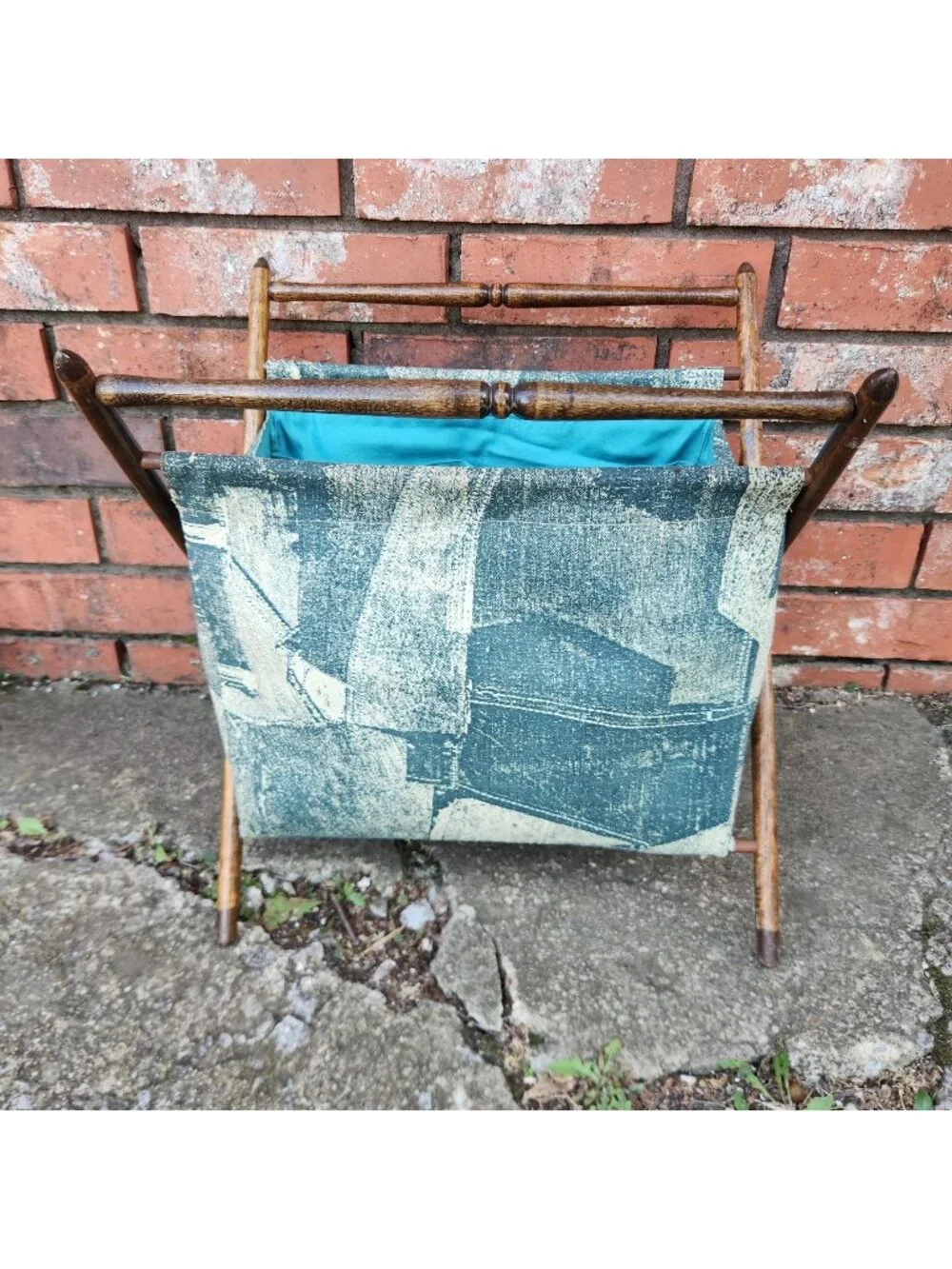 Vintage Folding Yarn Caddy Basket w/ Green Abstract Canvas Print and Wood Frame