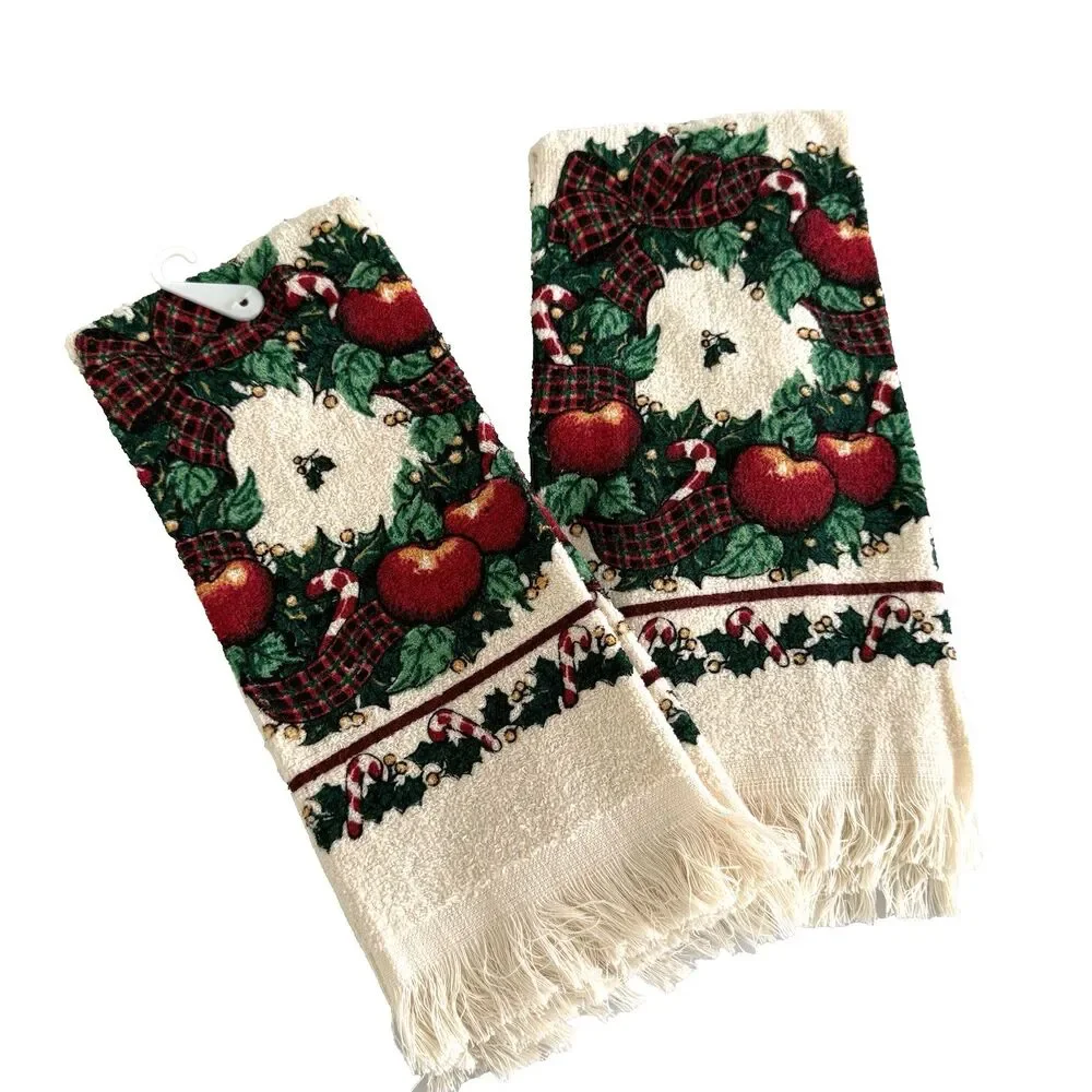 Vtg Cecil Saydah Christmas 2pc Kitchen Towels Dish Wreath Apples Cotton Xmas NWT