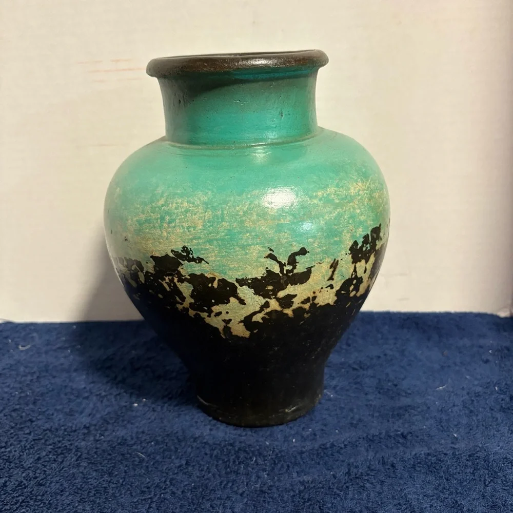 Vintage 10” Teal Black Abstract Terracotta Vase Art Pottery Decor - Unmarked