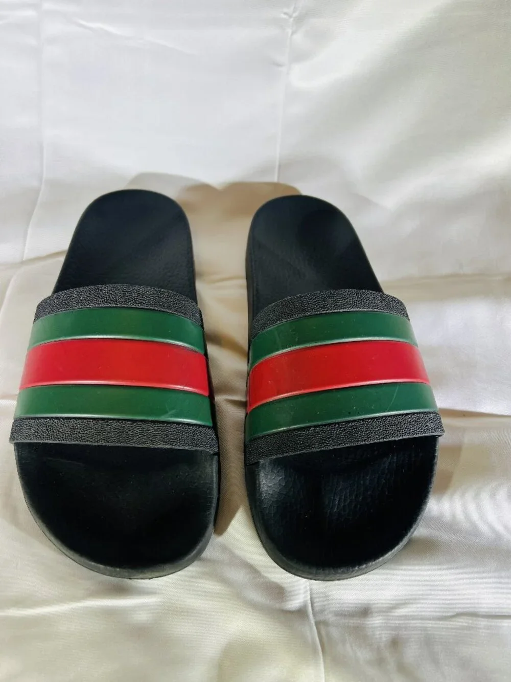 Gucci Men's Slide Sandals 308234 GIB10 Black Green Red Striped Rubber Size 7