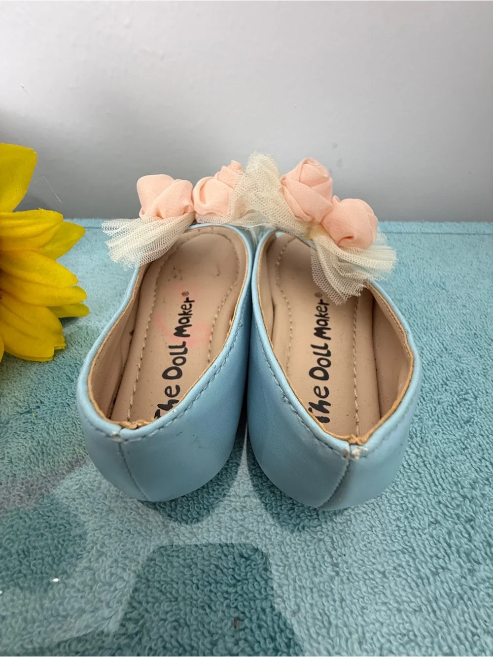 The Doll Maker Girls' Light Blue Shoe Flats with Peach Rose