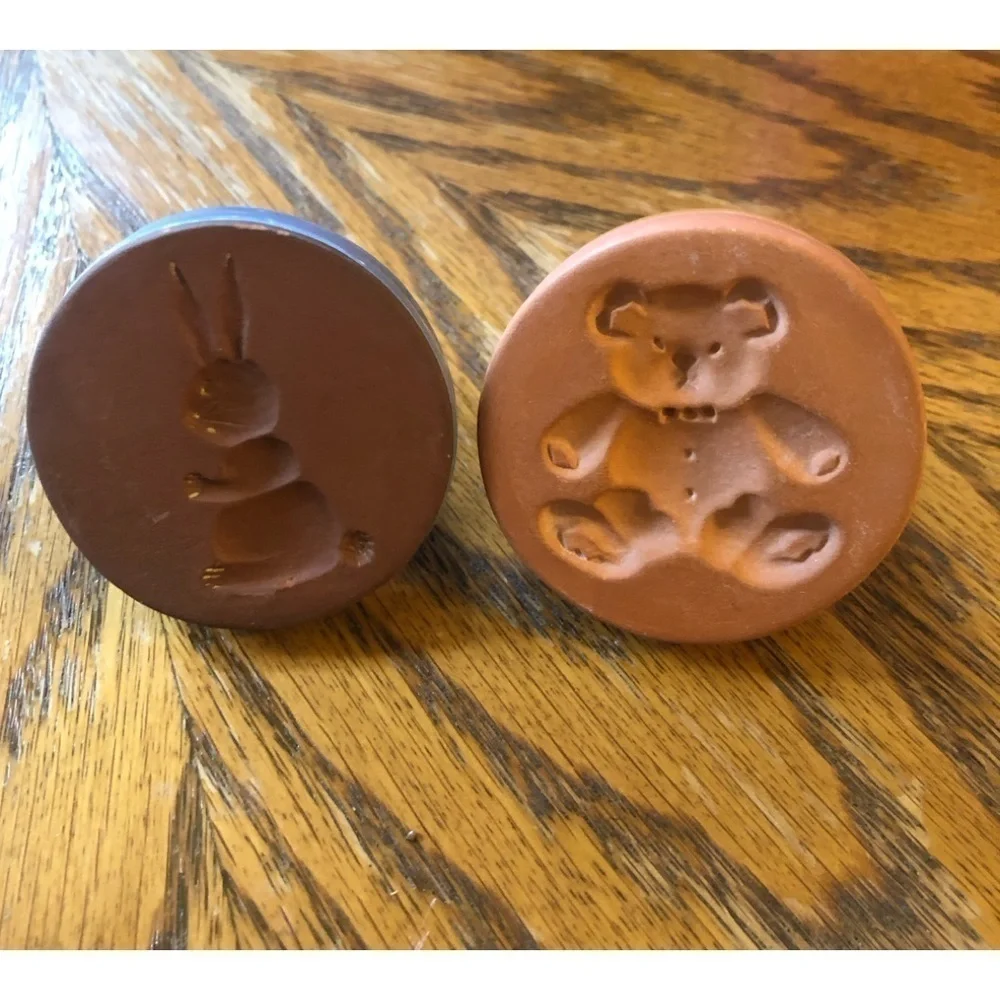Vintage Terracotta 2” Butter Or Cookie Press Vintage Clay Teddy Bear Bunny