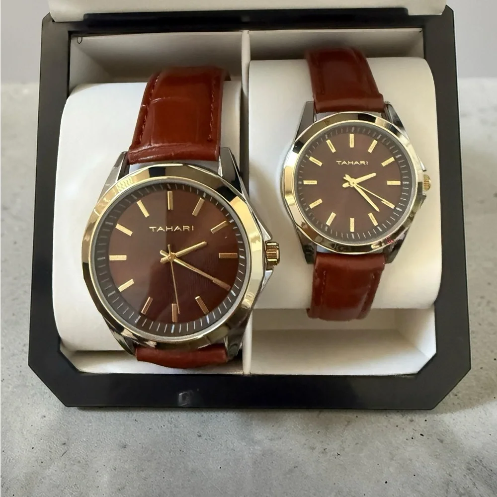 New Beautiful Tahari His & Hers Matching Watch Set Bronze Face with Brown Bands