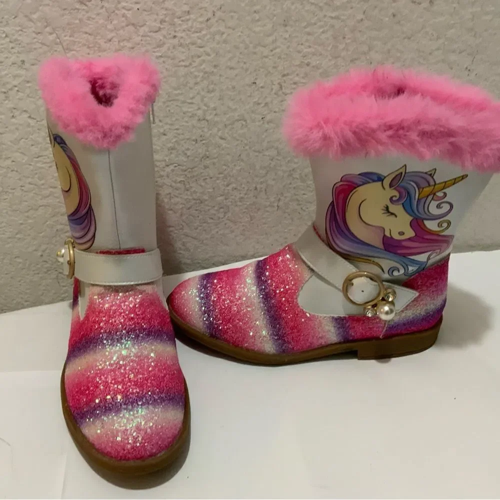 Girls Unicorn Glitter Boots with Faux Fur Trim By Liv and Mia 4Y