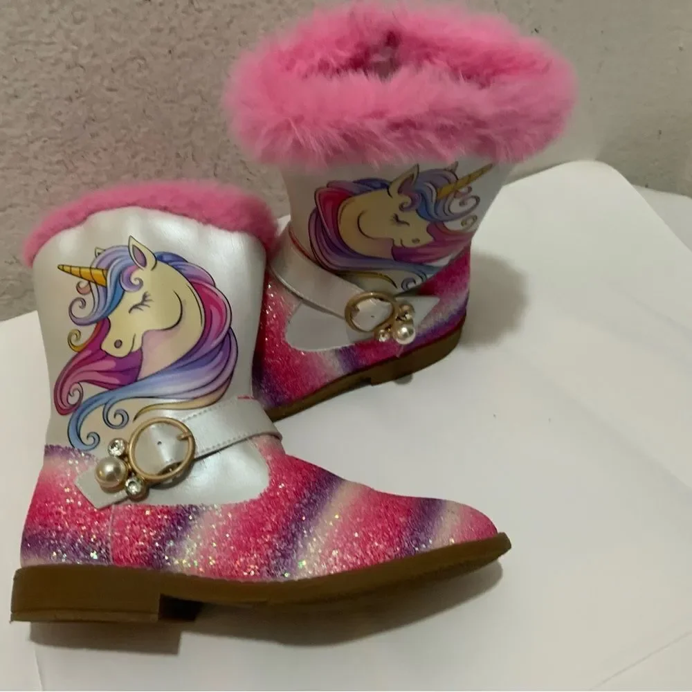 Girls Unicorn Glitter Boots with Faux Fur Trim By Liv and Mia 4Y