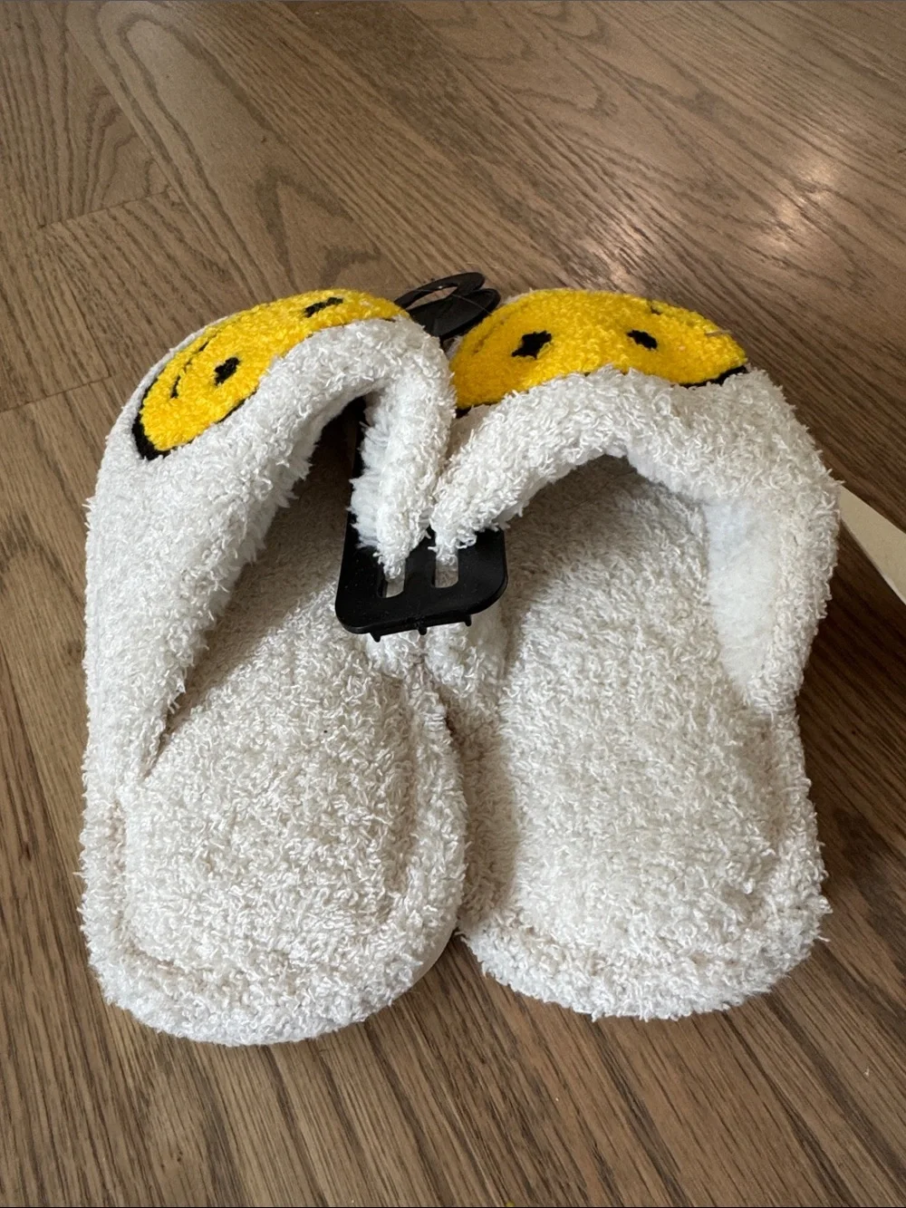 Kids White Terry Slippers with Yellow Smiley Face