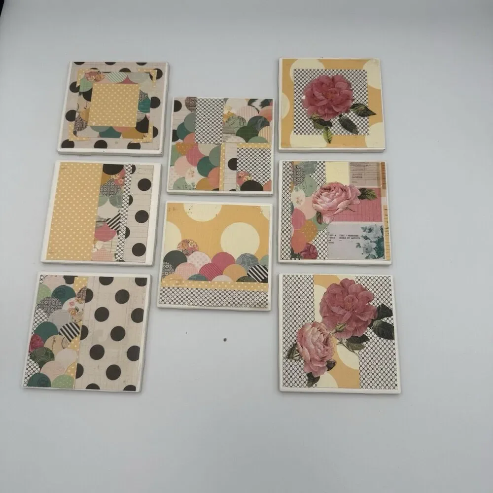 Handmade Ceramic Tile Coasters Set Of 8 Mixed Media Cottagecore Floral Polka Dot