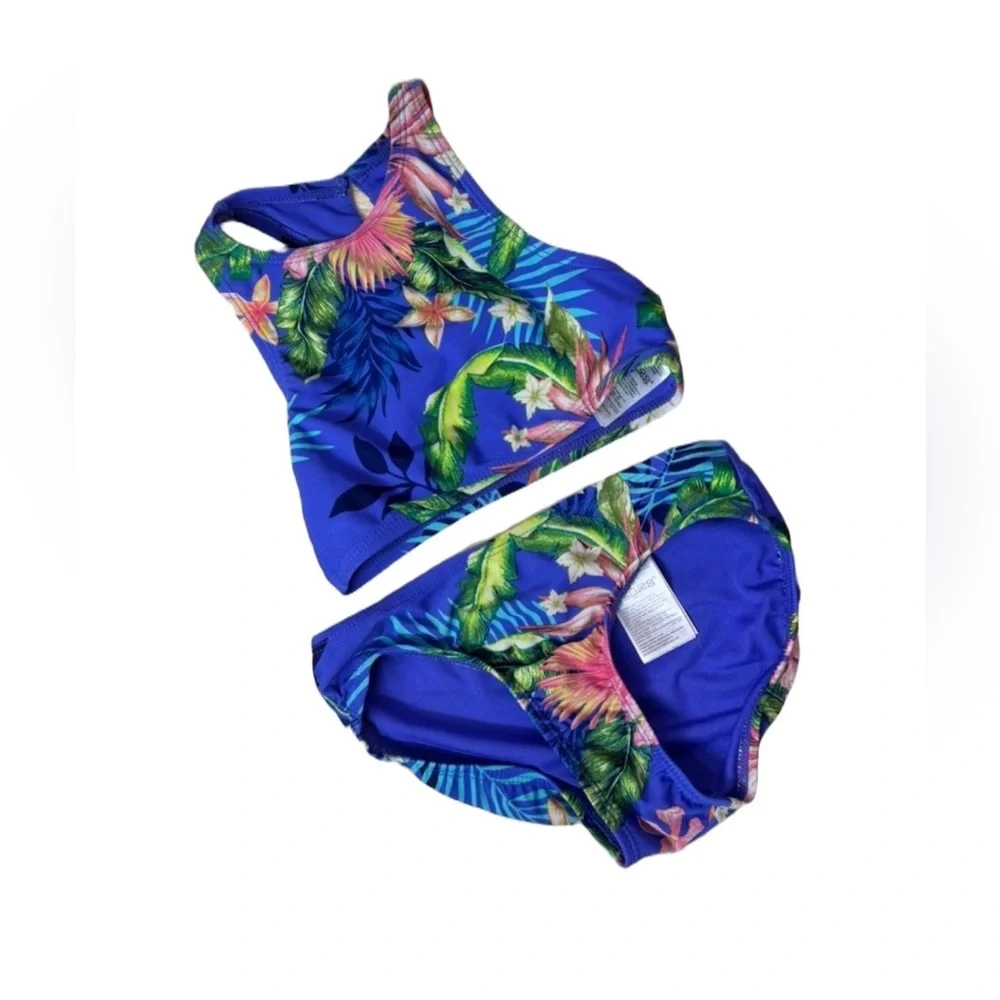 GAP Kids Tropical Floral Two Piece Swimsuit Bikini Blue Girls Size 4/5 XS Beach