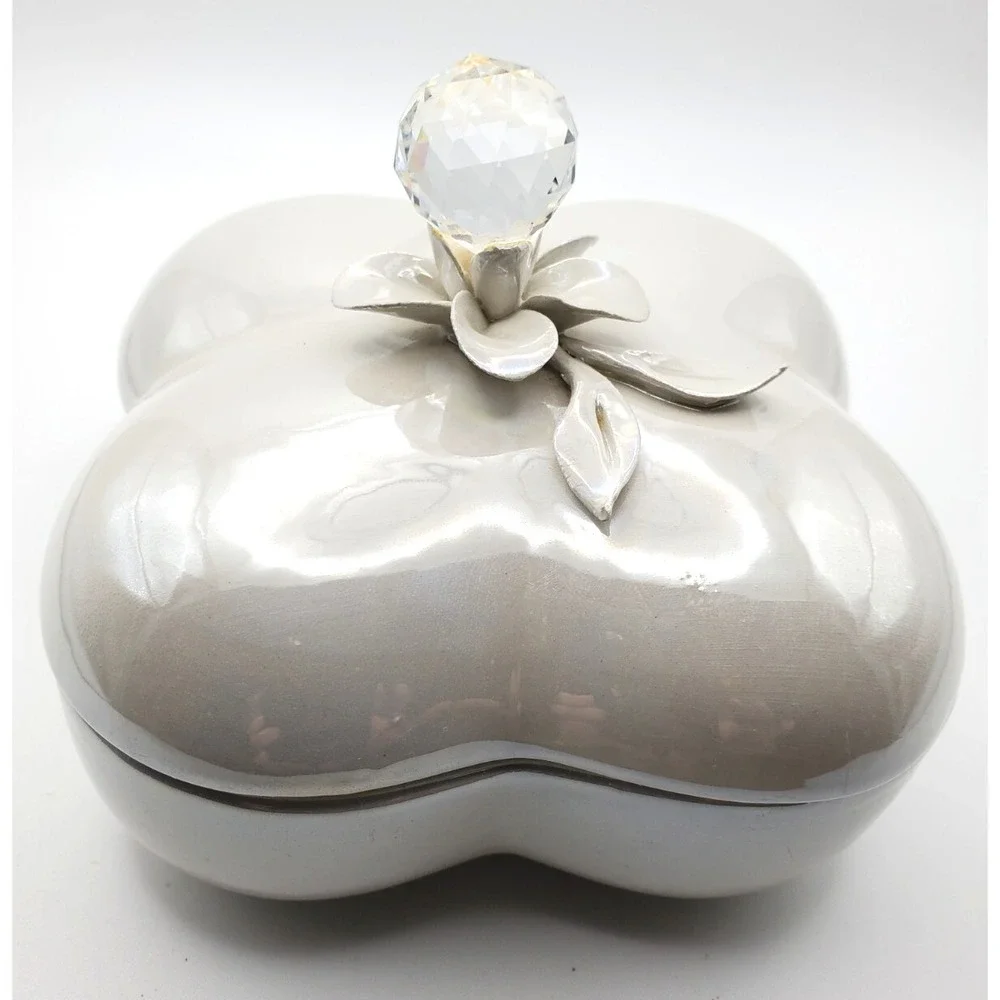 Vintage Italy Faceted Crystal Applied Flowers Opalescent Trinket Jewelry Box