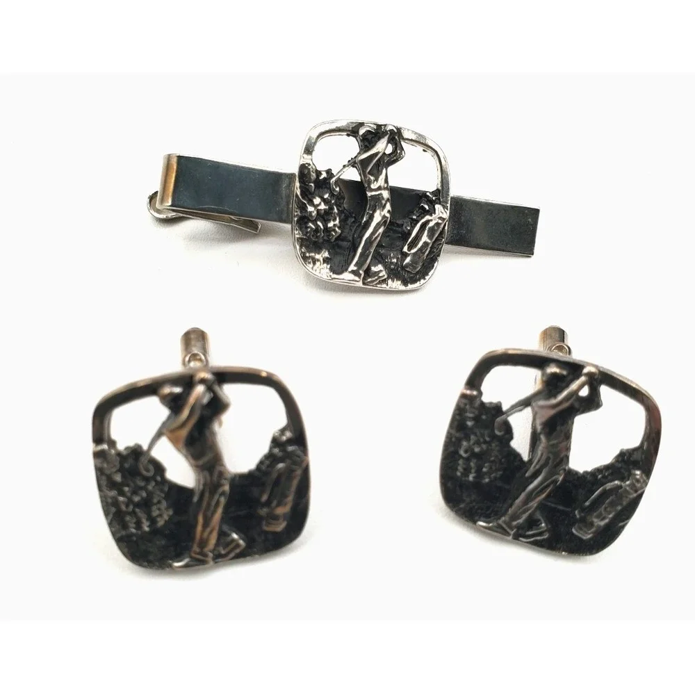 Vtg Silver Tone Golf Golfer's Delight Cuff Links & Tie Clip