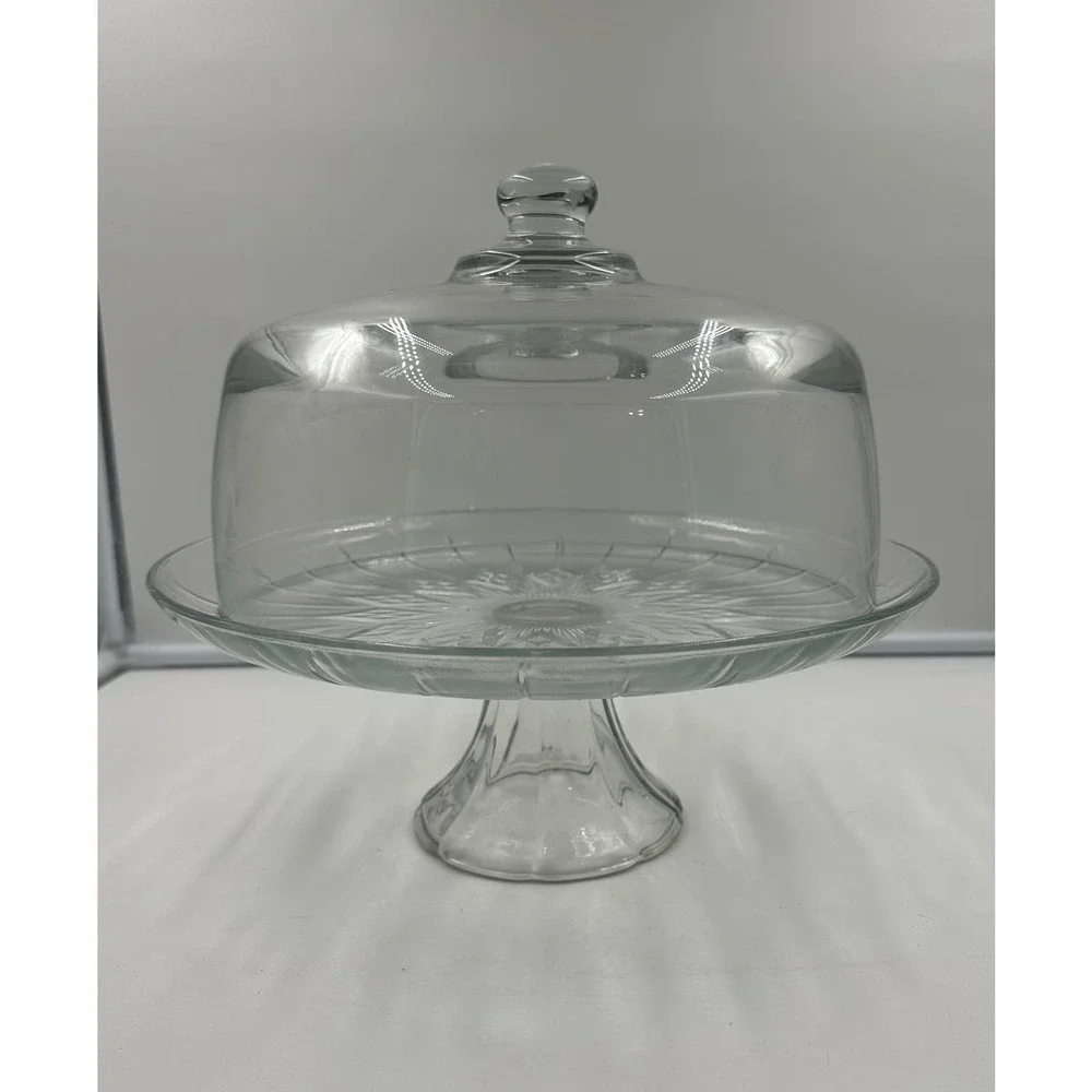 Vintage Solid Glass Dome Starburst Cake Stand Punch Bowl Pedestal 12”
