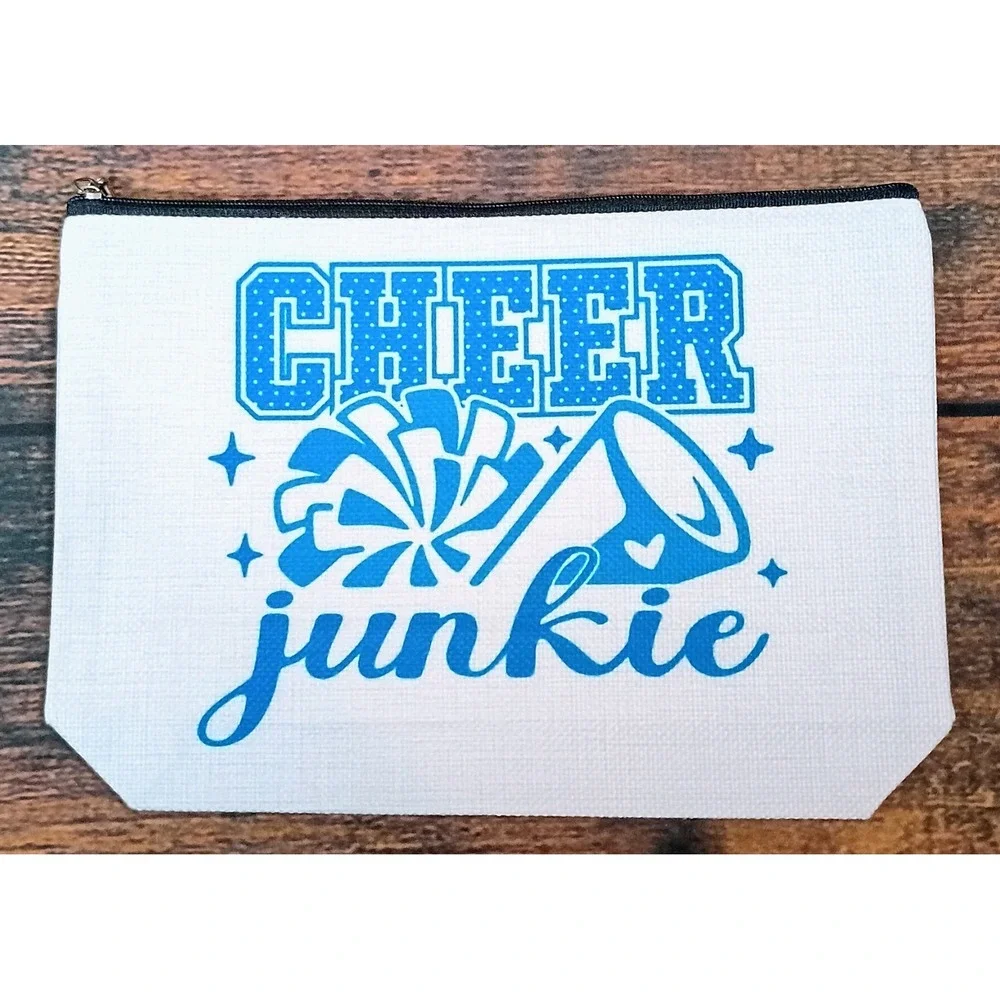 Cheer Junkie Canvas Makeup Bag‎ Cheerleading Accessory Pouch Blue White