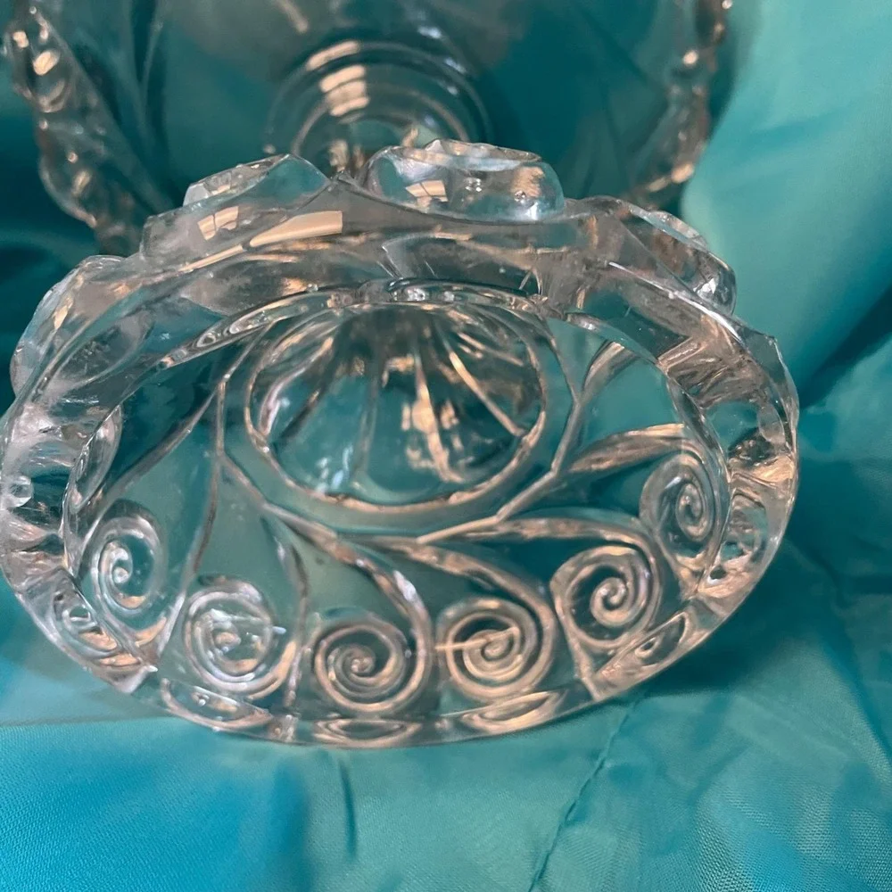 Vintage Lidded Copte Glass Pedestal Candy Dish Lid Swirl Pattern Ornate Design