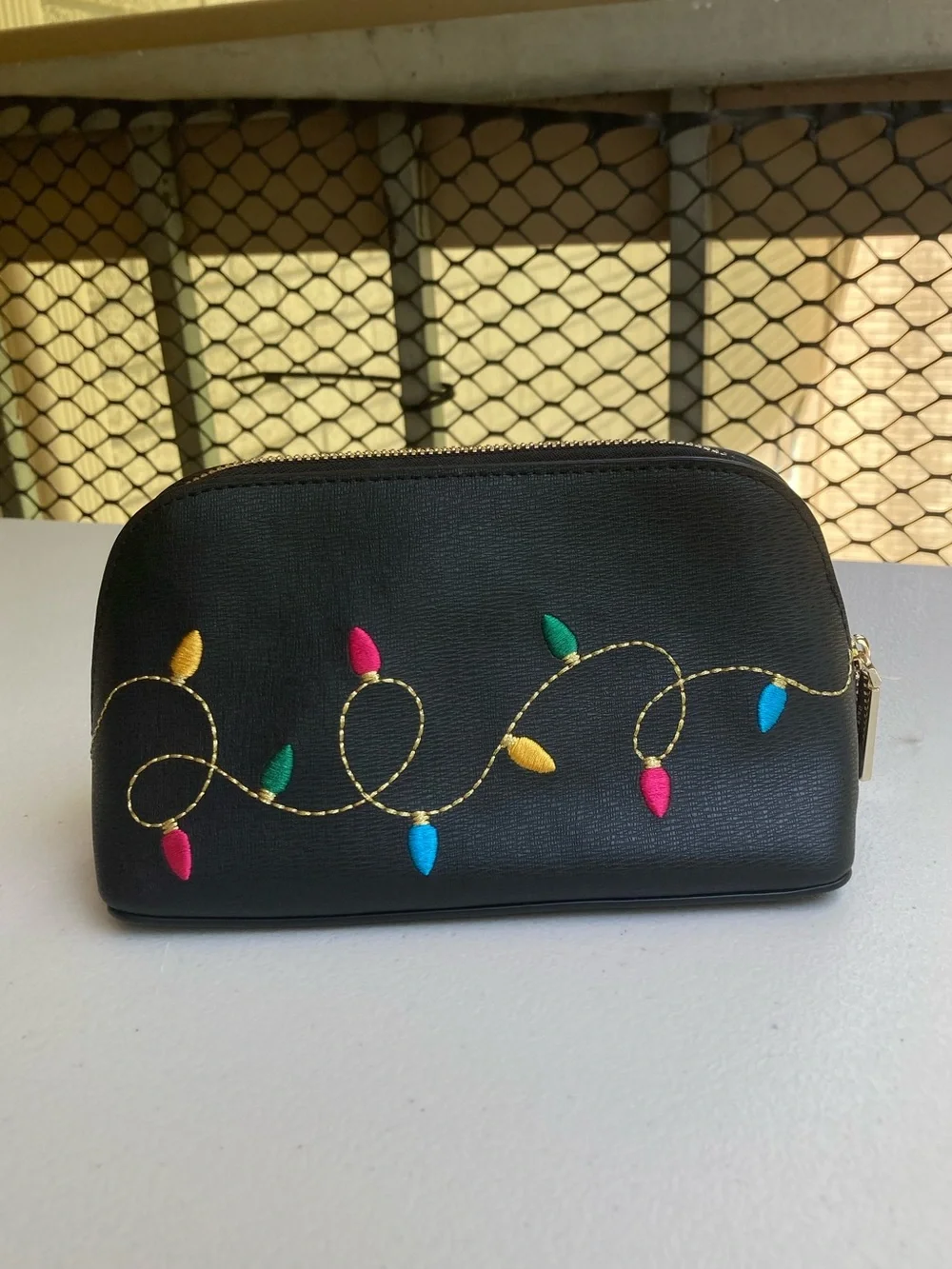 Kate Spade Holiday Christmas String Lights Makeup Cosmetics Bag Black Leather