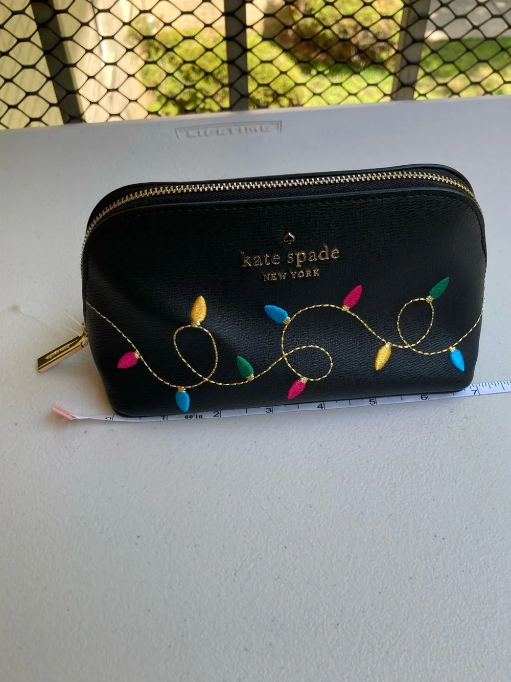 Kate Spade Holiday Christmas String Lights Makeup Cosmetics Bag Black Leather