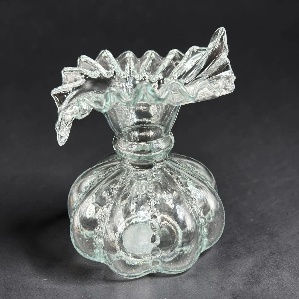 Clear Glass Ruffled Vase Hobnail Lobed Pumpkin‎ Base Heavy 8 Inch Vessel VTG