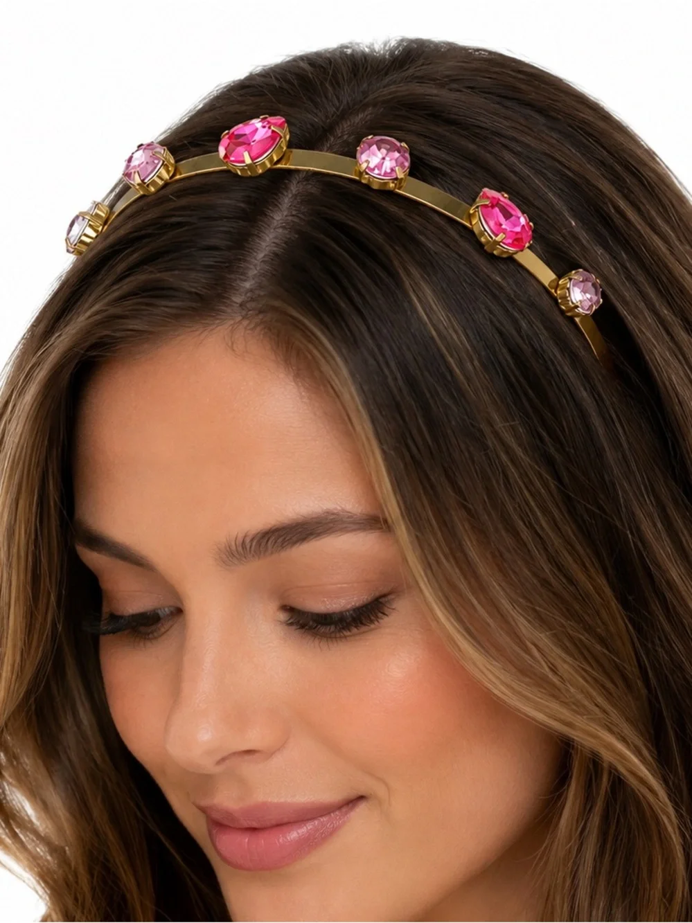 NEW - Gold & Crystal Rhinestone Tiara Headband with Pink Jewels Gems