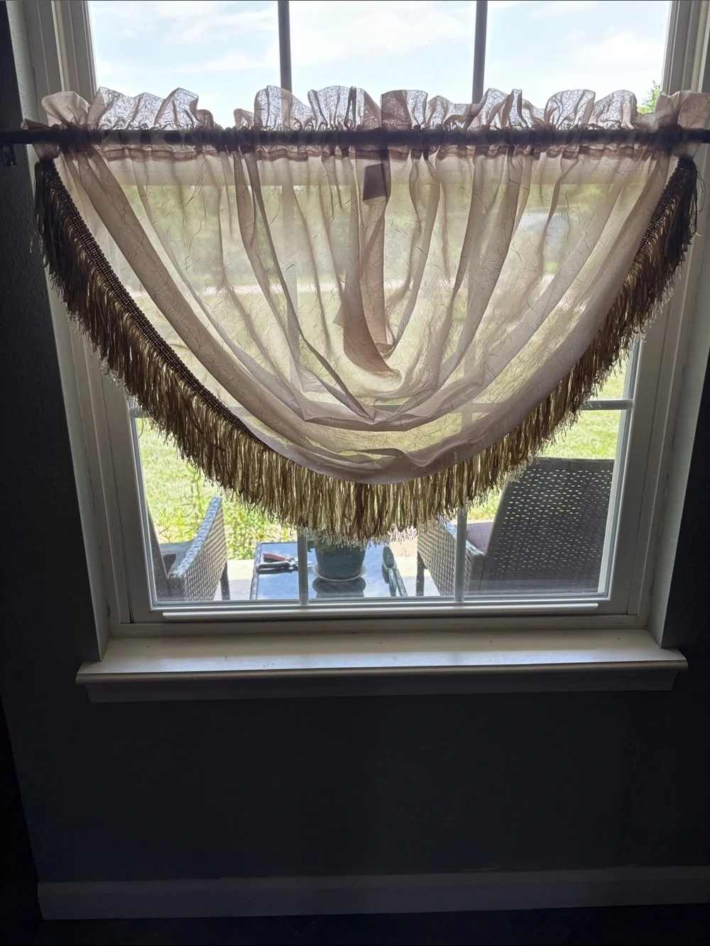 Home Collection Sheer Cream Window Swag with Gold Fringe.  Set of three.