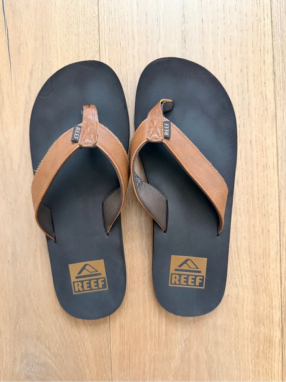 REEF Men's Black Footbed Flip Flops with Brown Leather Straps