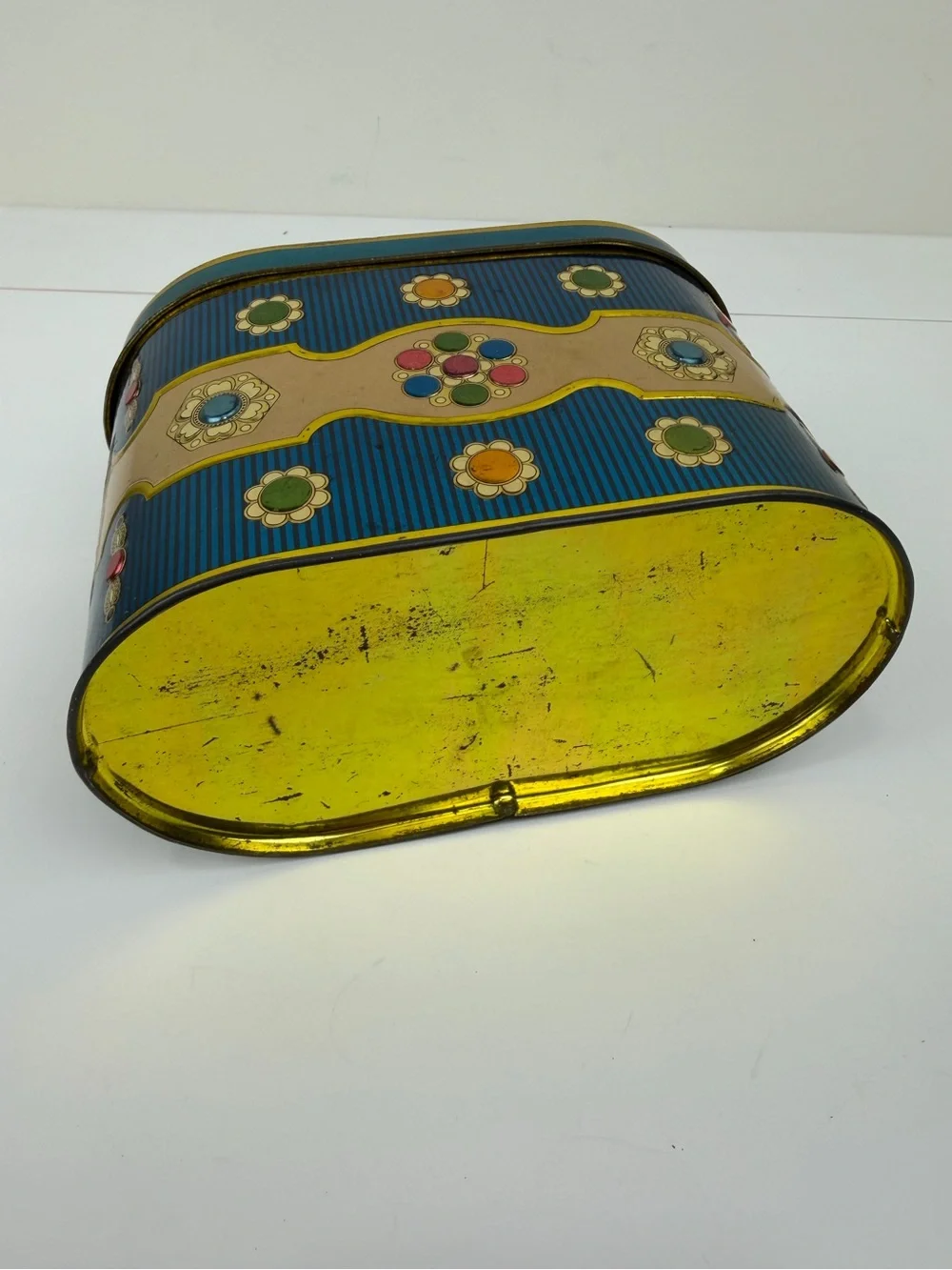 Vintage Blue Floral Tin Canister Storage Box with Brass Lid Knob