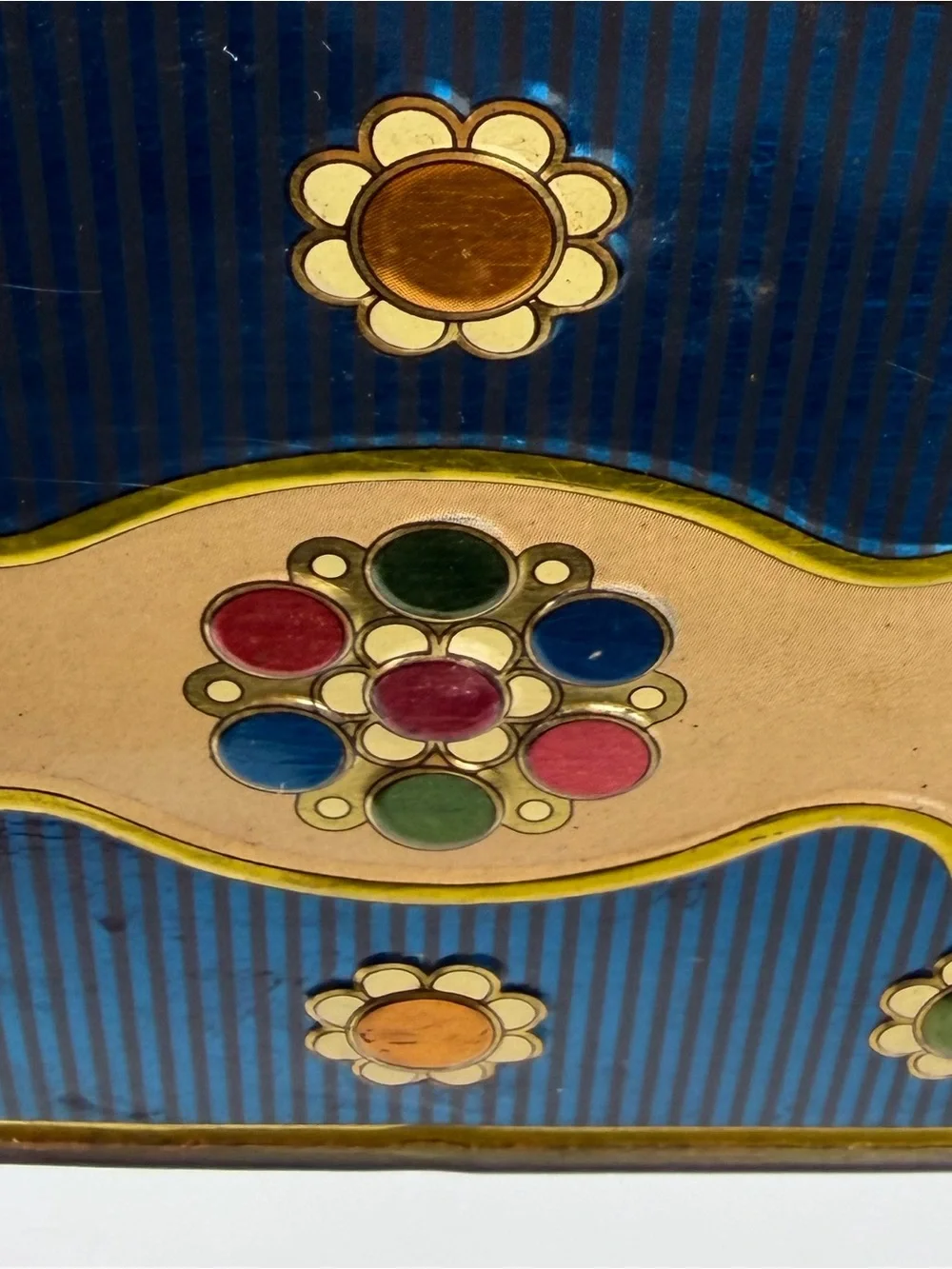 Vintage Blue Floral Tin Canister Storage Box with Brass Lid Knob