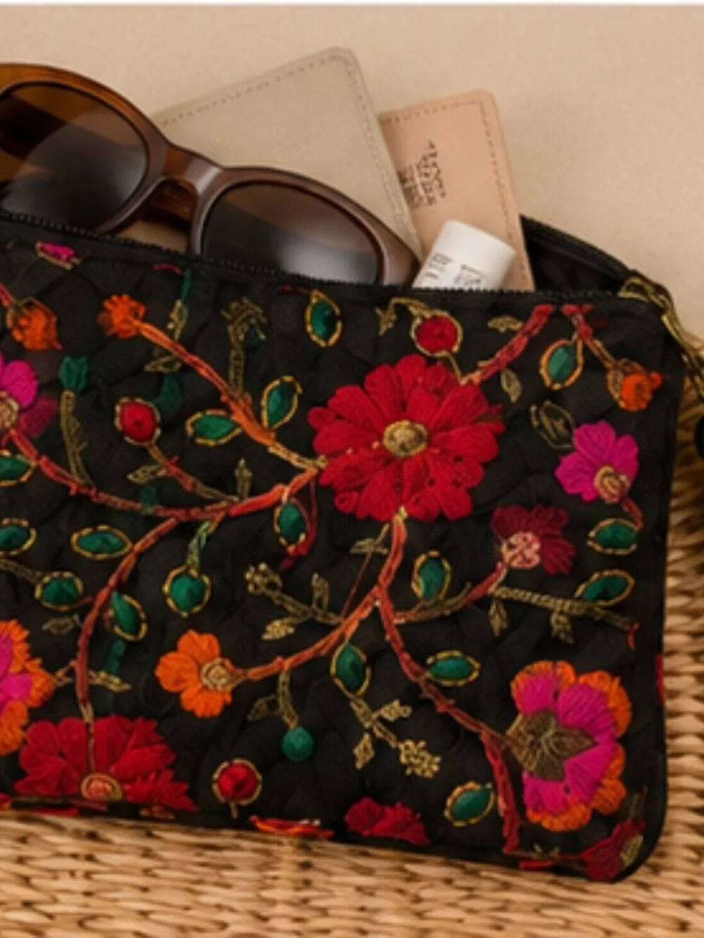 Boho Embroidered Floral Zip Pouch | Black Cosmetic Bag | Artisan Makeup Organize