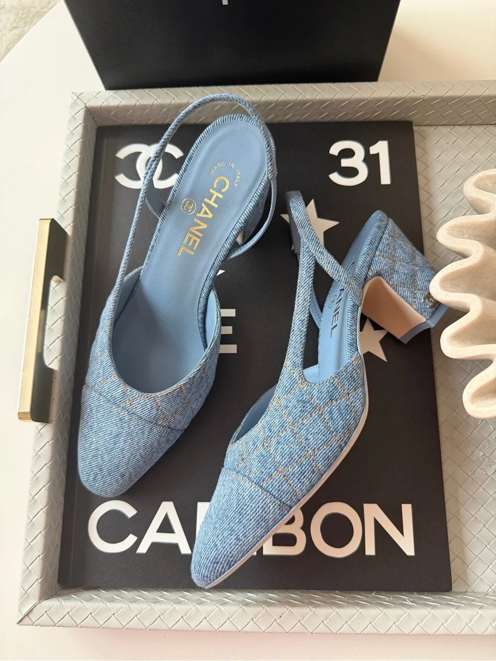 Chanel 26B CC Logo Light Blue Quilted Denim Jean Slingback Pumps Chunky Heel 38