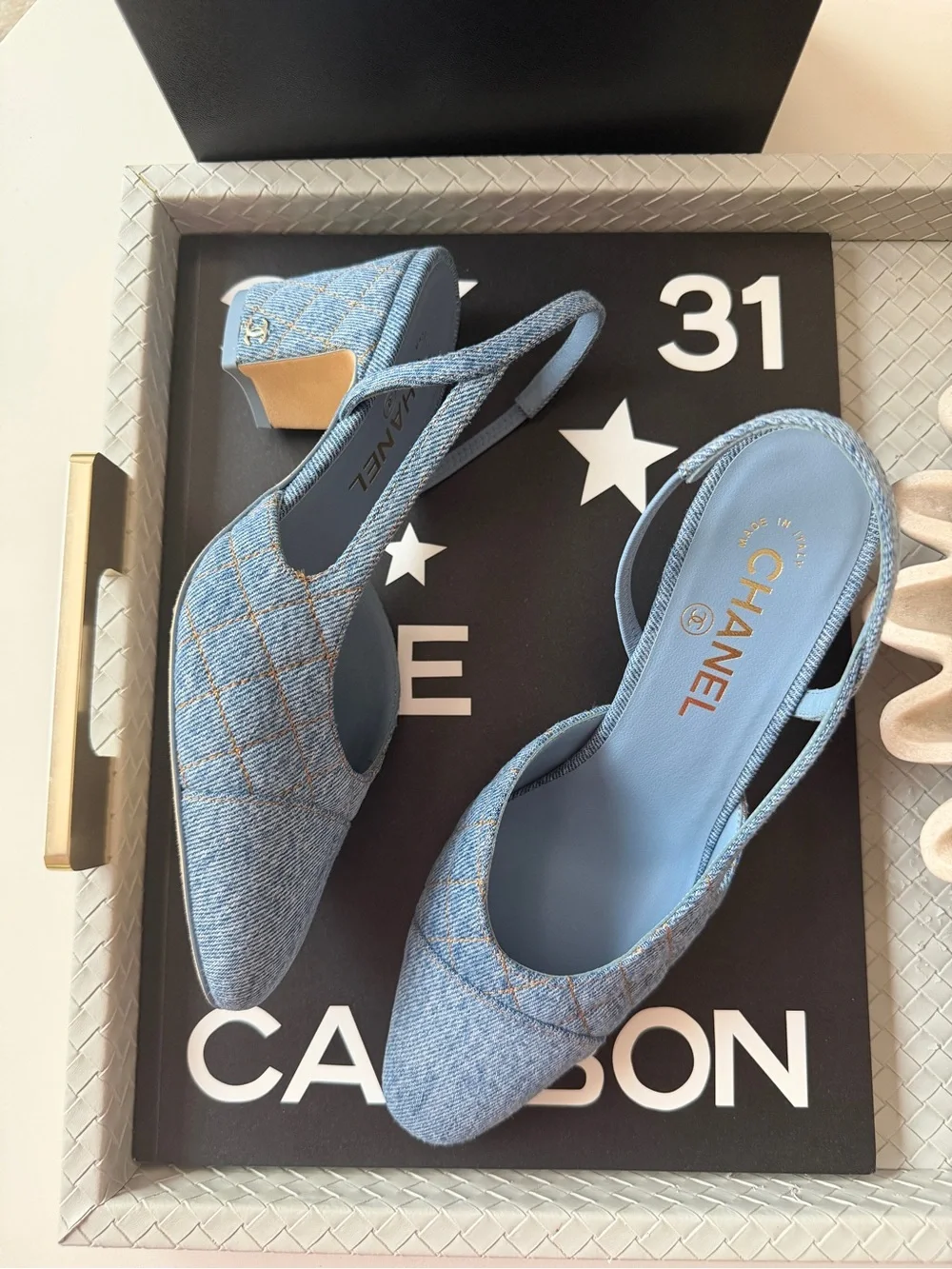 Chanel 26B CC Logo Light Blue Quilted Denim Jean Slingback Pumps Chunky Heel 38
