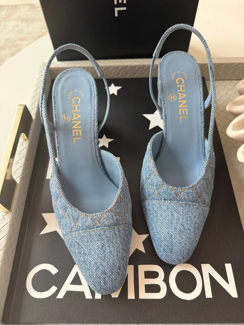 Chanel 26B CC Logo Light Blue Quilted Denim Jean Slingback Pumps Chunky Heel 38