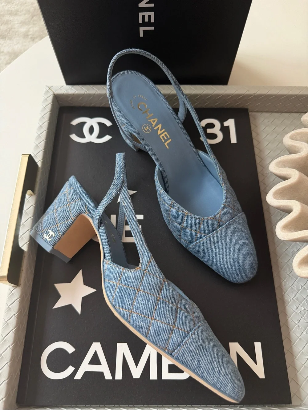 Chanel 26B CC Logo Light Blue Quilted Denim Jean Slingback Pumps Chunky Heel 38
