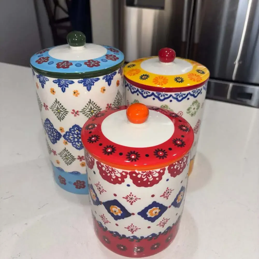 Signature Housewares Hand Painted Mexican Floral Pattern Stoneware Canister Set