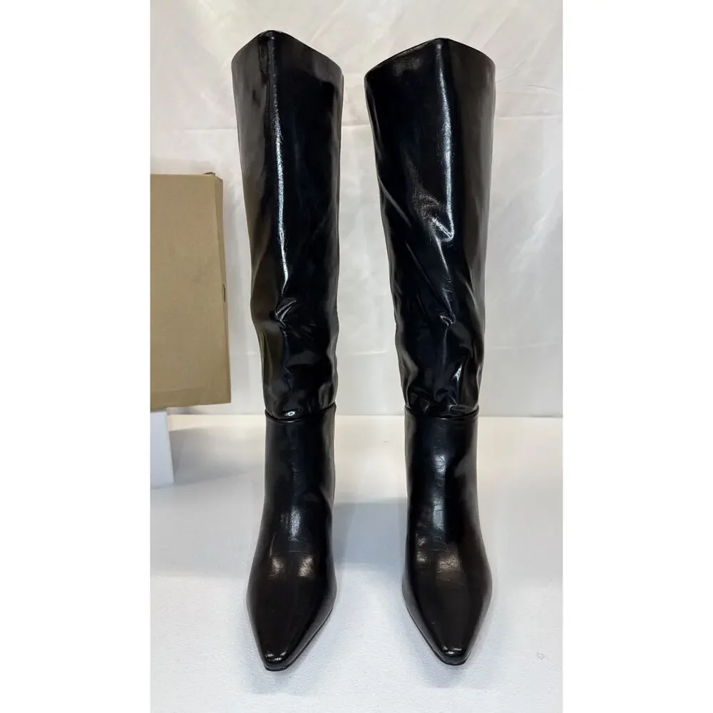 CELLENZ Faux Leather Knee High Boots Pointed Toe Low Kitten Heel Black Size 7
