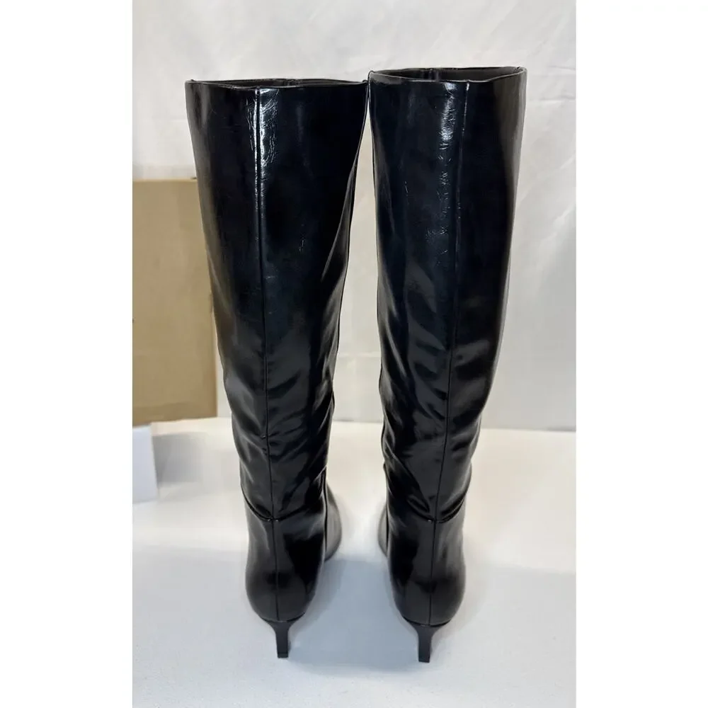 CELLENZ Faux Leather Knee High Boots Pointed Toe Low Kitten Heel Black Size 7