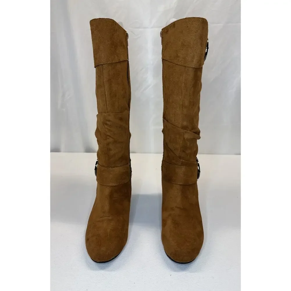 Women’s Suede Slouchy Knee High Boots Brown Buckle Kitten Heel EU 41 Fits US 8.5