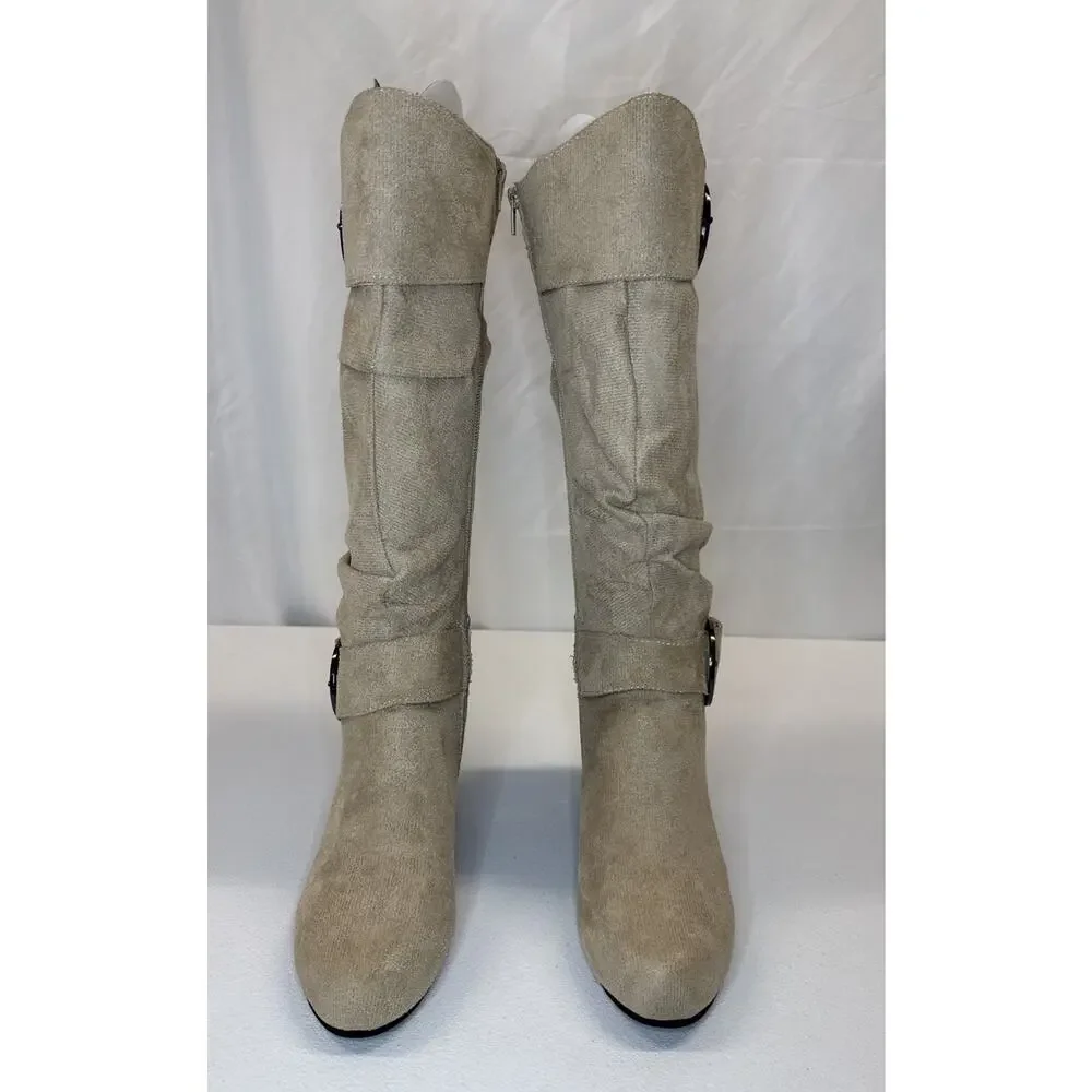 Women’s Suede Slouchy Knee High Boots Brown Buckle Kitten Heel EU 41 Fits US 8.5