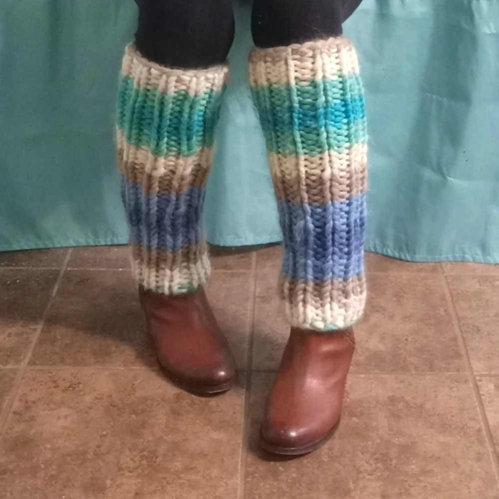 Hand Crafted Handknit Women's Chunky Knit Striped Wool Blend Legwarmers